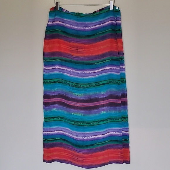 Vintage Chico's Silk Rainbow Stripe Full Wrap Midi Skirt Size 3 (16 US) - Picture 1 of 9